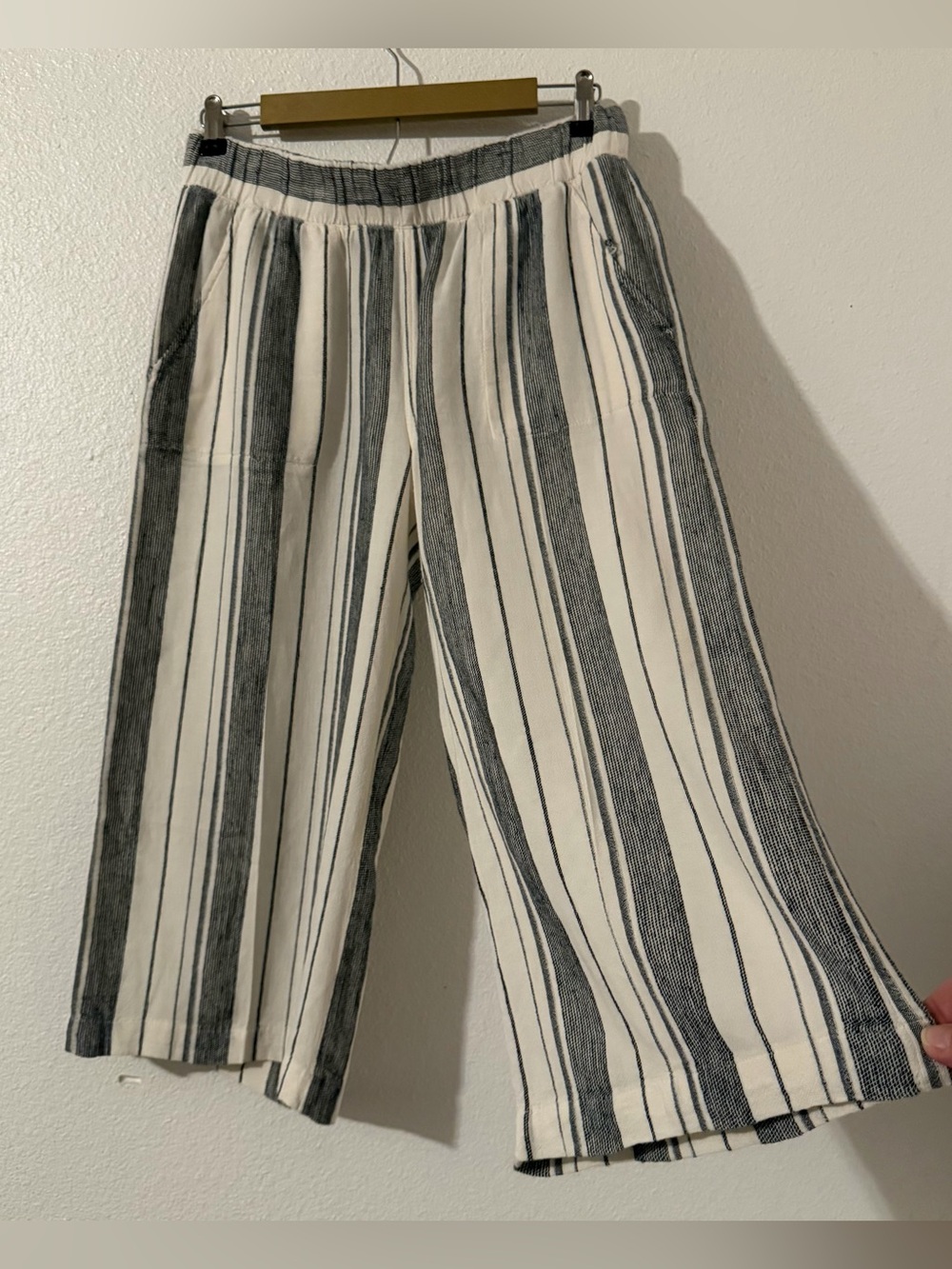 Cloth & Stone Womens Linen Blend Pants Small White Gray Stripe Cropped Wide Leg